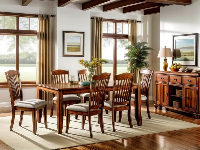 Comedor con mobiliario y vigas de madera.